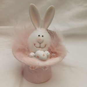 Easter  Fuzzy White  Bunny in Pink  Top Hat Miniature  Figurine New